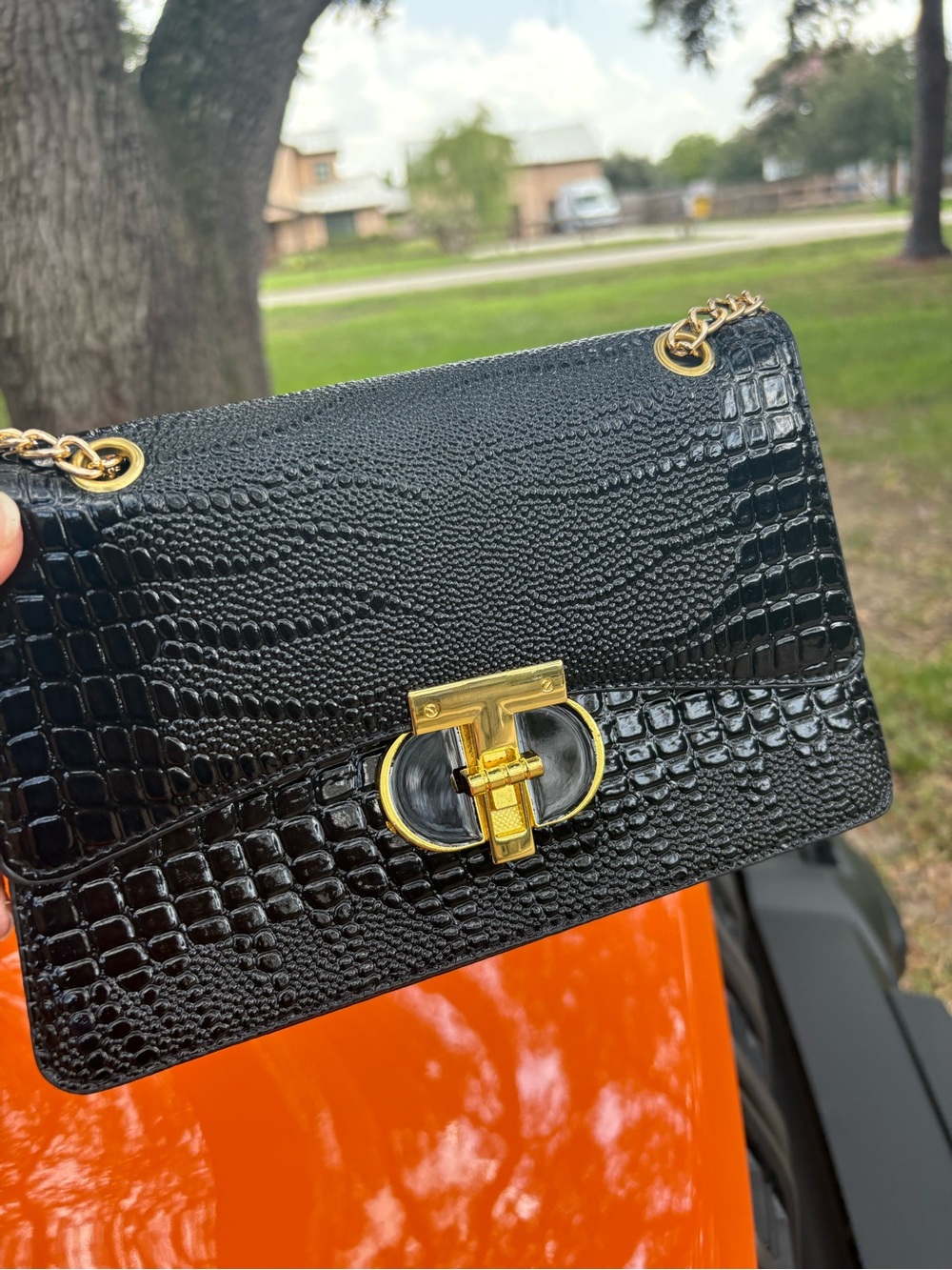 Black Croc-Embossed Mini Shoulder Bag with Gold Turn-Lock
